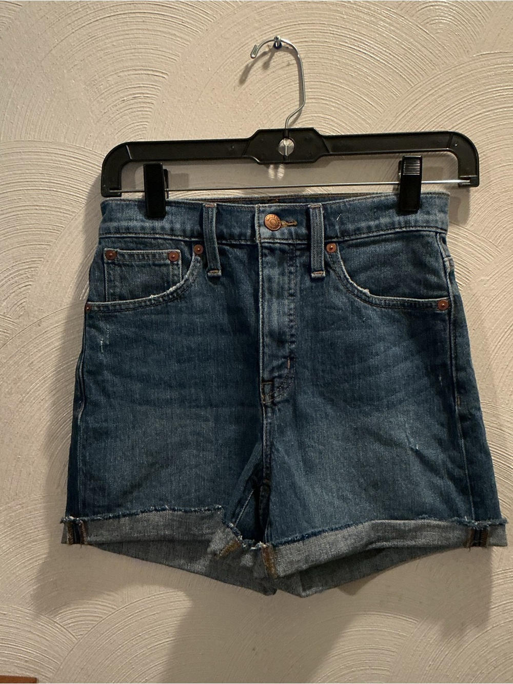 Madewell High-Rise Denim Shorts - Dark Blue w/ mild distressing. 24”waist.